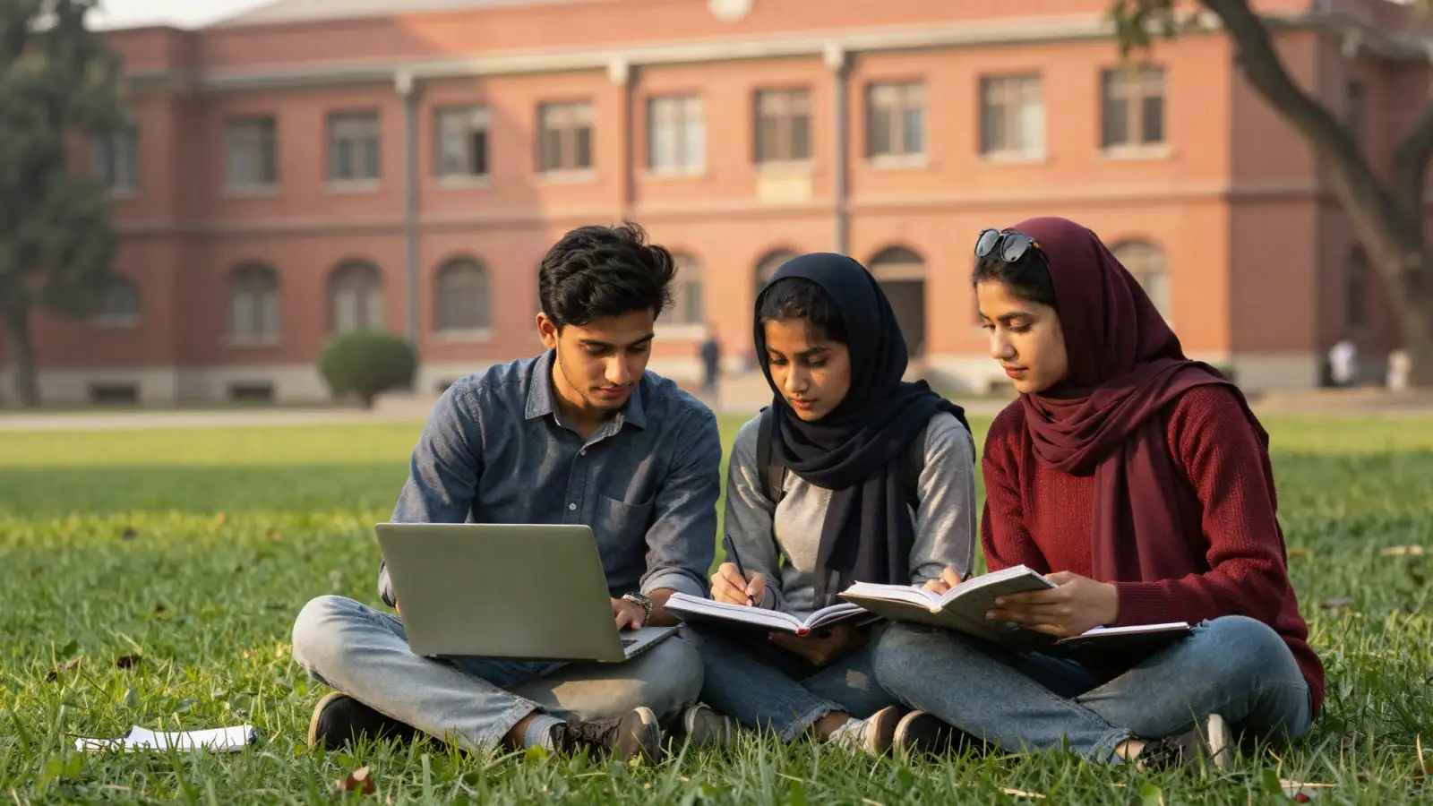 University students studying with a laptop on the lawn of a red brick campus in Lahore