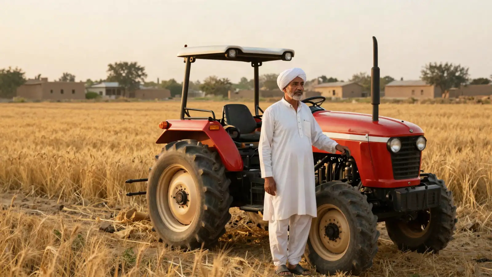 Farmer in a white turban standing beside a red tractor at the edge of a golden wheat field