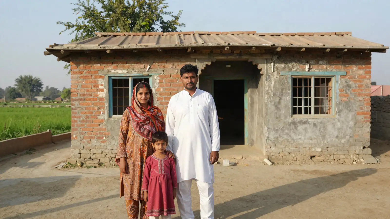 Family standing in front of their small brick house in a Punjab village