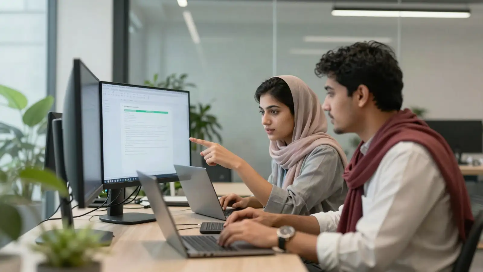 IT interns in a software office (illustrative image) Young IT graduates working at laptops and a large monitor in a Lahore software office