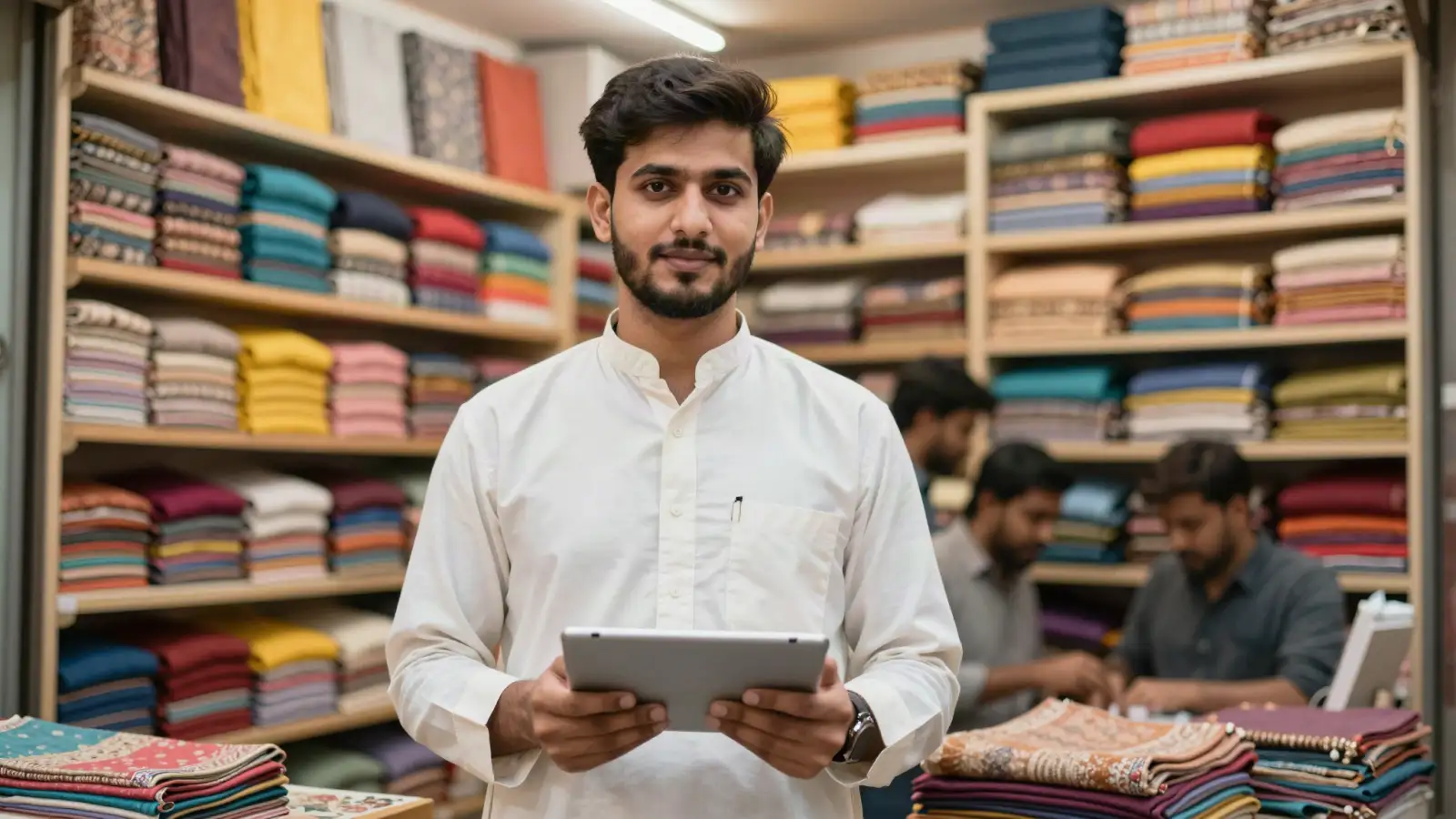 Young shop owner holding a tablet in his garment shop in a Punjab bazaar