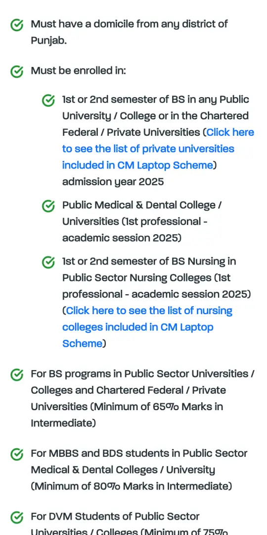 Eligibility: Punjab domicile, BS 1st or 2nd semester, 65% marks Step 5 of 6: Eligibility: Punjab domicile, BS 1st or 2nd semester, 65% marks