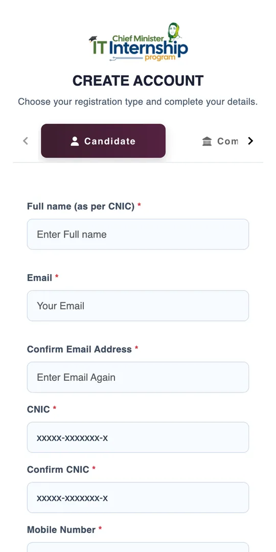 Choose Candidate, then enter your name as per CNIC and email Step 2 of 3: Choose Candidate, then enter your name as per CNIC and email