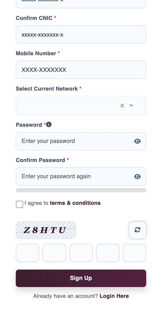 Add CNIC, mobile, network and password, then Sign Up Step 3 of 3: Add CNIC, mobile, network and password, then Sign Up