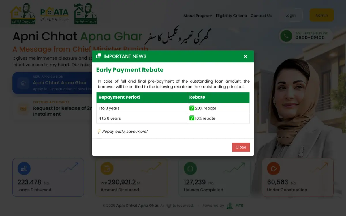 Official Apni Chhat Apna Ghar portal home page with toll-free helpline 0800-09100 and new application options Official Apni Chhat Apna Ghar portal home page with toll-free helpline 0800-09100 and new application options