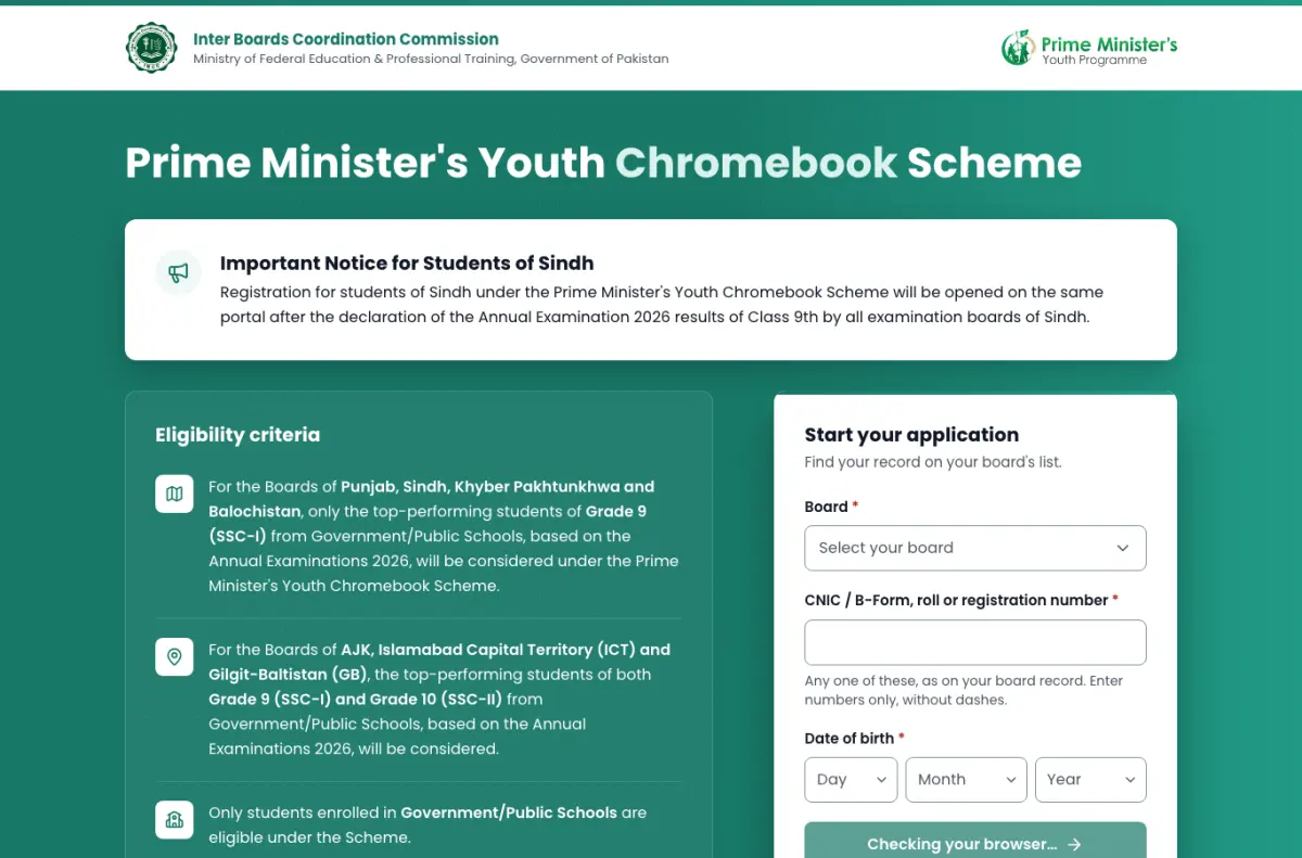 Home page of the official PM Youth Chromebook Scheme portal run by IBCC, showing eligibility criteria and the Start your application form Home page of the official PM Youth Chromebook Scheme portal run by IBCC, showing eligibility criteria and the Start your application form