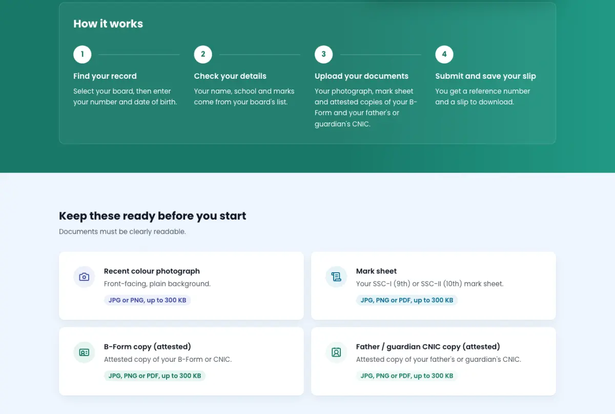 The “How it works” and “Keep these ready” sections on the official portal. IBCC Chromebook portal section titled How it works with four steps and Keep these ready before you start listing four documents of up to 300 KB each